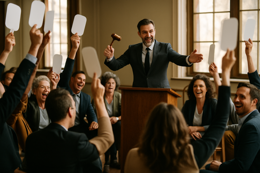 dicas de leilão — Uma sala de leilão, com um leiloeiro em ação, em meio a um grupo de pessoas levantando os cartões de lances.