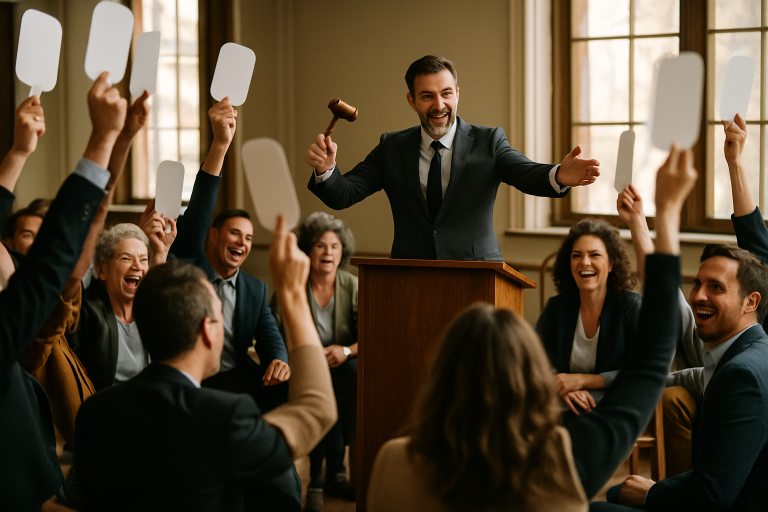 dicas de leilão — Uma sala de leilão, com um leiloeiro em ação, em meio a um grupo de pessoas levantando os cartões de lances.