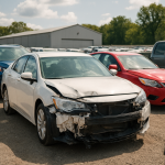 carros recuperados de financeiras — Um pátio de leilão com diversos carros recuperados expostos, destacando o estado de conservação de alguns modelos.