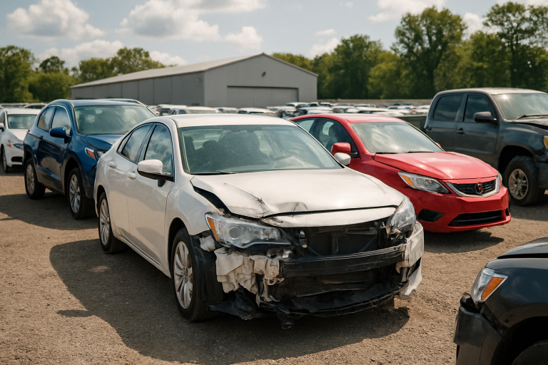 carros recuperados de financeiras — Um pátio de leilão com diversos carros recuperados expostos, destacando o estado de conservação de alguns modelos.