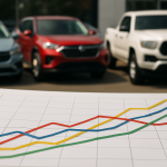 Gráfico animado mostrando as tendências do mercado automotivo, com imagens de diferentes veículos ao fundo.