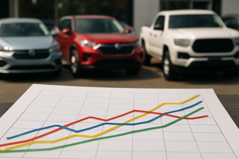 Gráfico animado mostrando as tendências do mercado automotivo, com imagens de diferentes veículos ao fundo.
