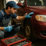 Mecânico examinando um carro seminovo cuidadosamente durante a revisão de seminovos