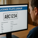 Tela de computador mostrando site de consulta de placa, usuário lendo informações