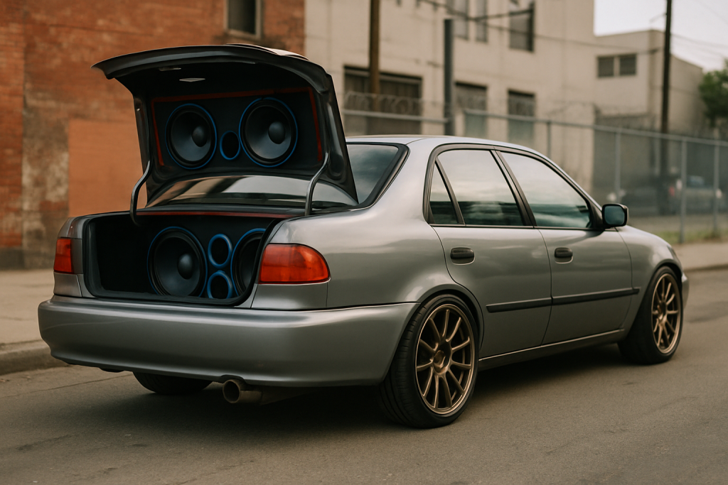 Carro modificado com acessórios automotivos visíveis, como rodas esportivas e sistema de som.