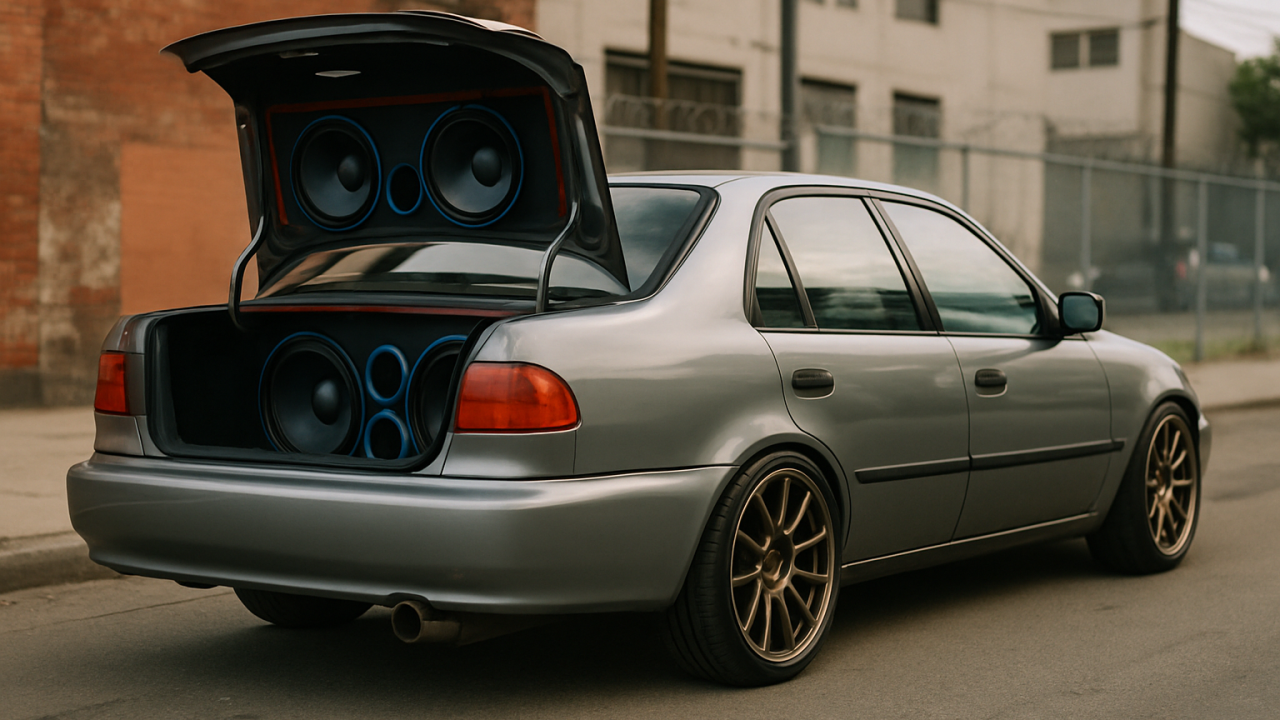 Carro modificado com acessórios automotivos visíveis, como rodas esportivas e sistema de som.