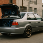Carro modificado com acessórios automotivos visíveis, como rodas esportivas e sistema de som.