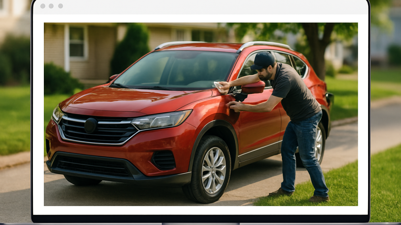 dicas para vender carro — Anúncio online mostrando um carro à venda, com uma pessoa preparando o veículo para fotos.