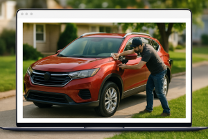 dicas para vender carro — Anúncio online mostrando um carro à venda, com uma pessoa preparando o veículo para fotos.