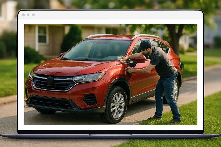 dicas para vender carro — Anúncio online mostrando um carro à venda, com uma pessoa preparando o veículo para fotos.