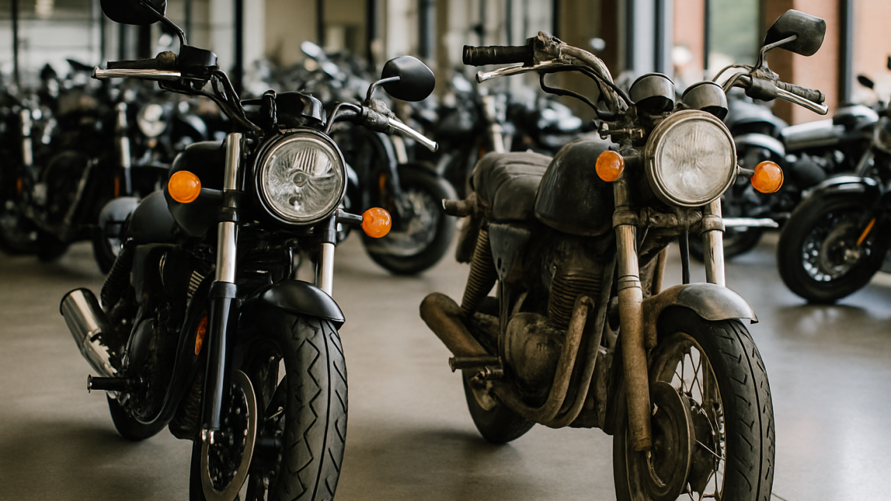 Comparação entre motos usadas e novas em uma concessionária