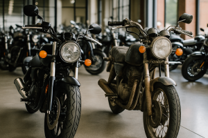 Comparação entre motos usadas e novas em uma concessionária