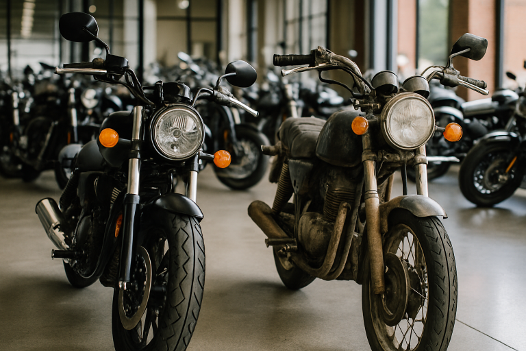 Comparação entre motos usadas e novas em uma concessionária