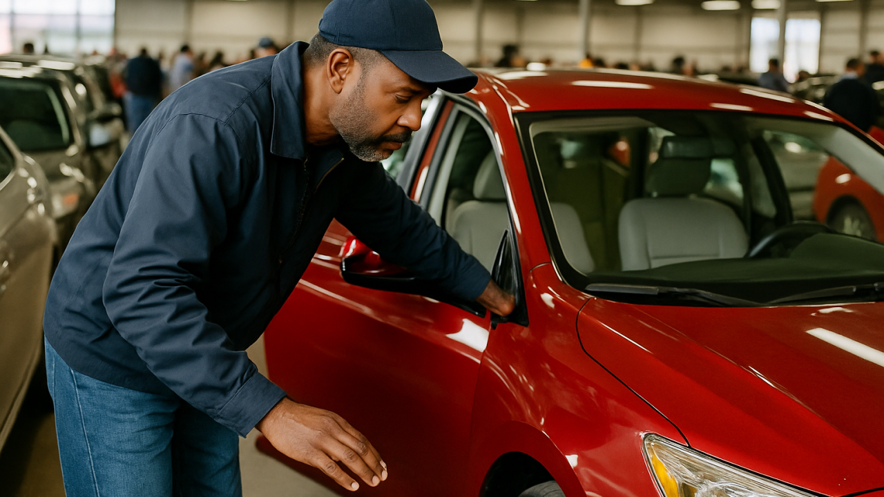 cuidados na compra — Uma pessoa inspecionando um carro em um leilão, prestando atenção em detalhes como pintura e interior.