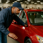 cuidados na compra — Uma pessoa inspecionando um carro em um leilão, prestando atenção em detalhes como pintura e interior.
