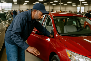 cuidados na compra — Uma pessoa inspecionando um carro em um leilão, prestando atenção em detalhes como pintura e interior.